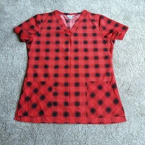 White Cross Plaid Print Scrub Top